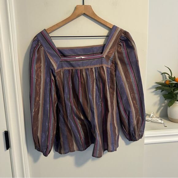 Anthropologie Corey Lynn Calter Blue Metallic Square Neck Top Blouse Small - Picture 5 of 10